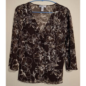 Nine West Women's Size XL Brown Floral Leaf Mesh Stretch Shirt V-Neck Ruffle Top